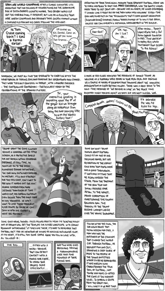 大卫·斯奎尔斯绘制的黑白多格漫画，以西班牙赢得世界杯和特朗普为主题